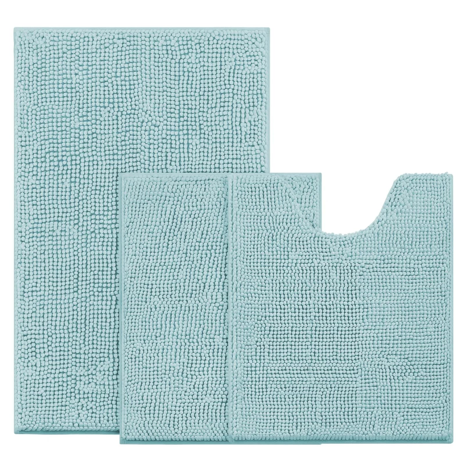 BYSURE Light Blue Bathroom Rugs Sets 3 Piece Non Slip Plush Chenille Washable