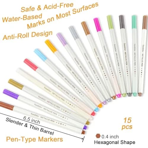 Sunshilor Metallic Markers Fine Point Metallic Marker Pens for Black Paper, Rock Painting, Easter Egg, Halloween Pumpkin, Card Making, Metal, Ceramic, Wine Glass, Set of 15 thumbnail 3
