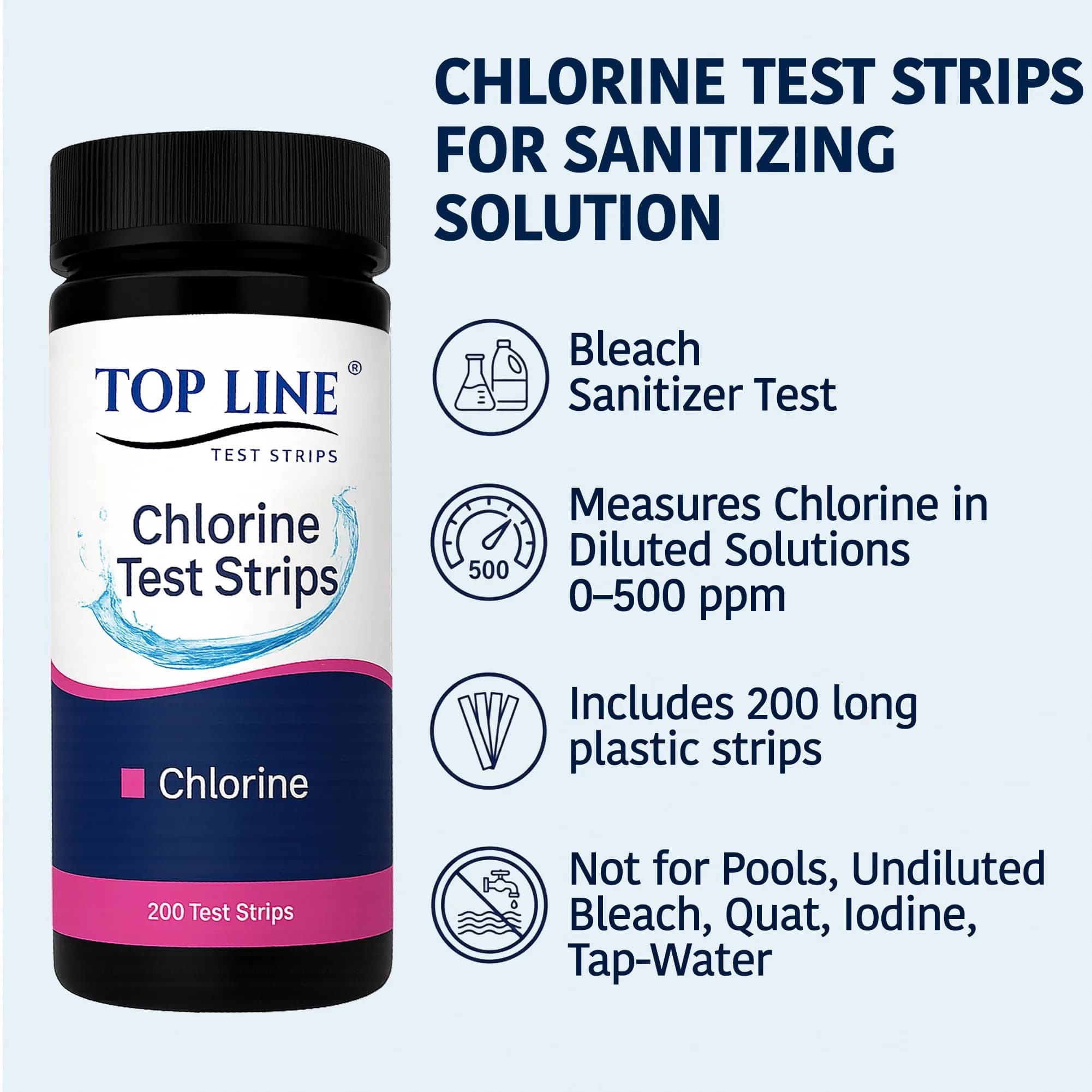 TOP LINE TEST STRIPS 200 Chlorine Test Strips for Food Service 0-500 ppm | Bleach Sanitizer Test Strips - view 2