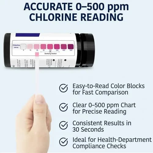 TOP LINE TEST STRIPS 200 Chlorine Test Strips for Food Service 0-500 ppm | Bleach Sanitizer Test Strips thumbnail 3