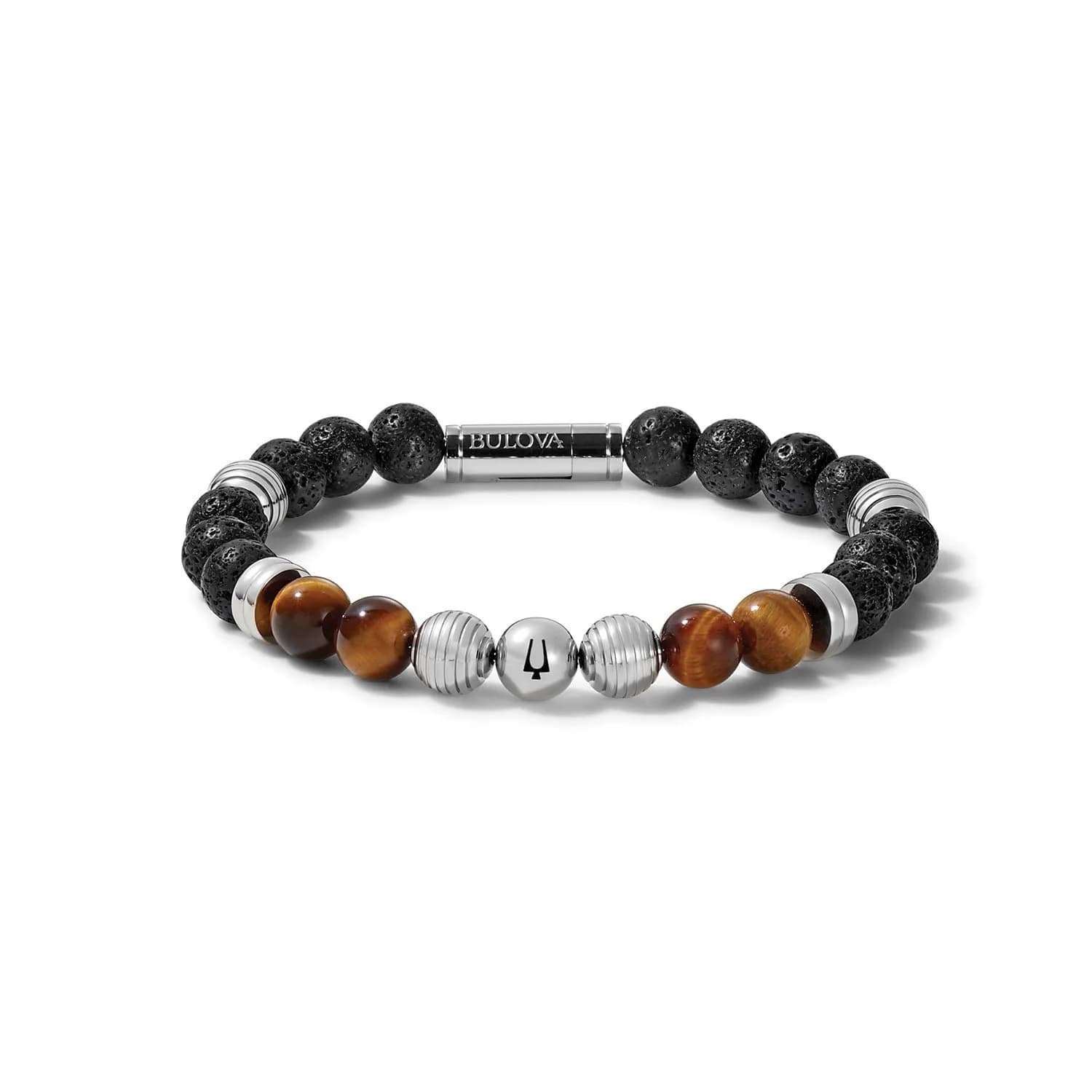 Bulova Men's Classic Beaded Bracelet with Cylinder Clasp | 8mm Tiger's Eye & Lava Beads, Stainless Steel, 7.5-8 inches