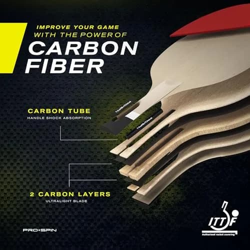 PRO-SPIN Carbon Fiber Table Tennis Rackets | 7-Ply Blade, 2.0mm Sponge, Shakehand Grip (Red, 1-Pack) thumbnail 3