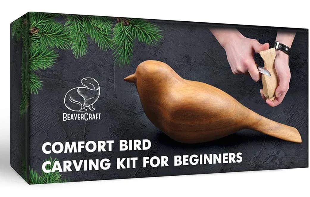 BeaverCraft Comfort Bird Wood Carving Kit for Beginners & Adults | 2 Wood Blocks (Cherry & Basswood), Whittling Knife, Sandpaper, Tutorial