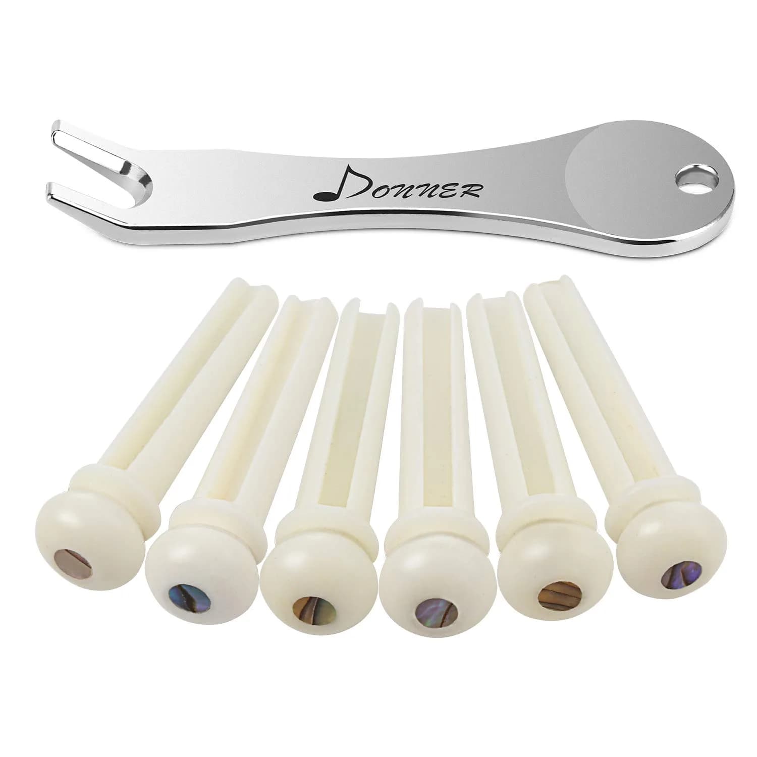 Donner White Bone Acoustic Guitar Bridge Pins 6PCS with Abalone Dot & Puller | Standard Size 5.0mm Slot — White Cattle Bone