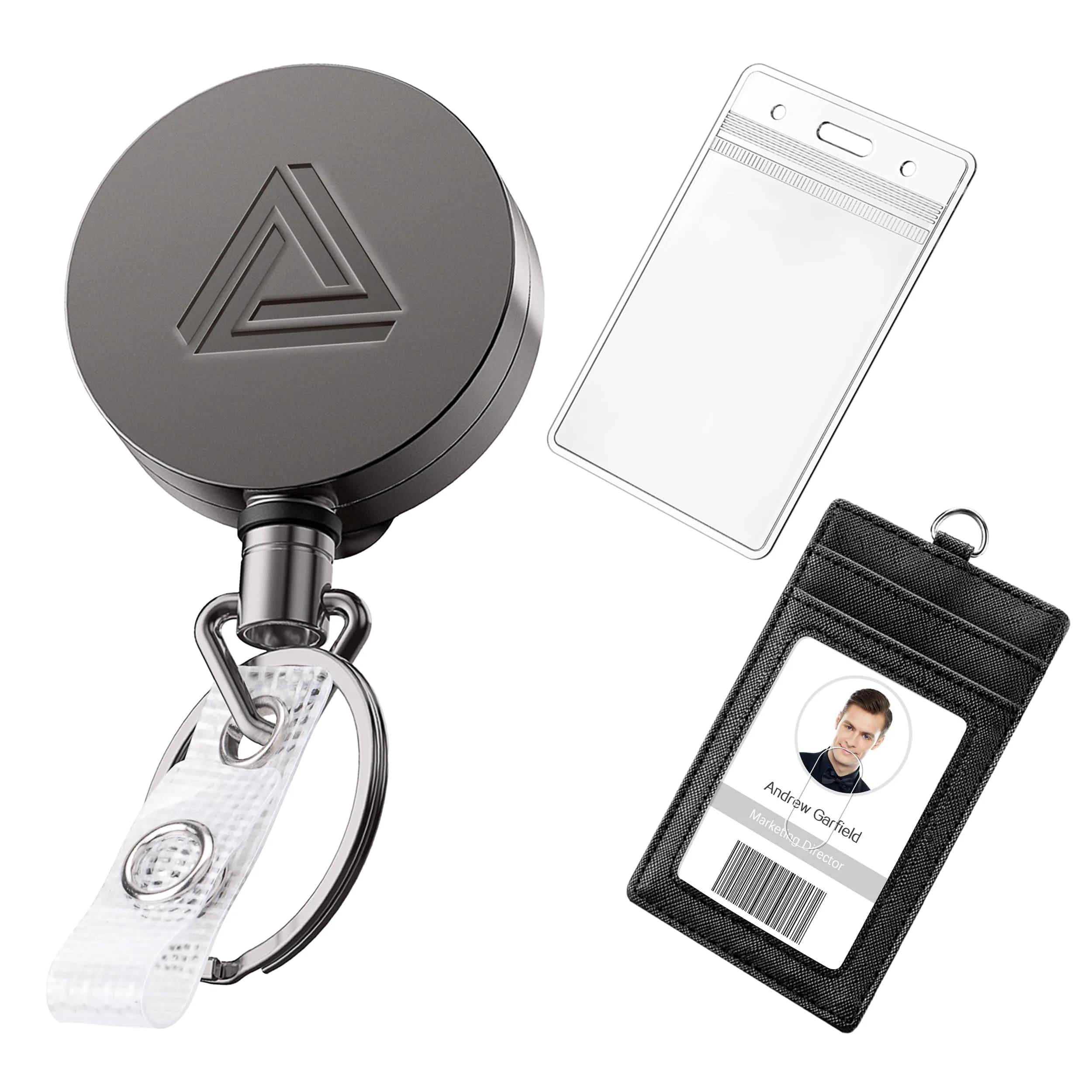 Azrra Heavy Duty Badge Holder Reel with Carabiner & Card Holder, 2 Pack, 30" Retractable Keychain — Matt Black