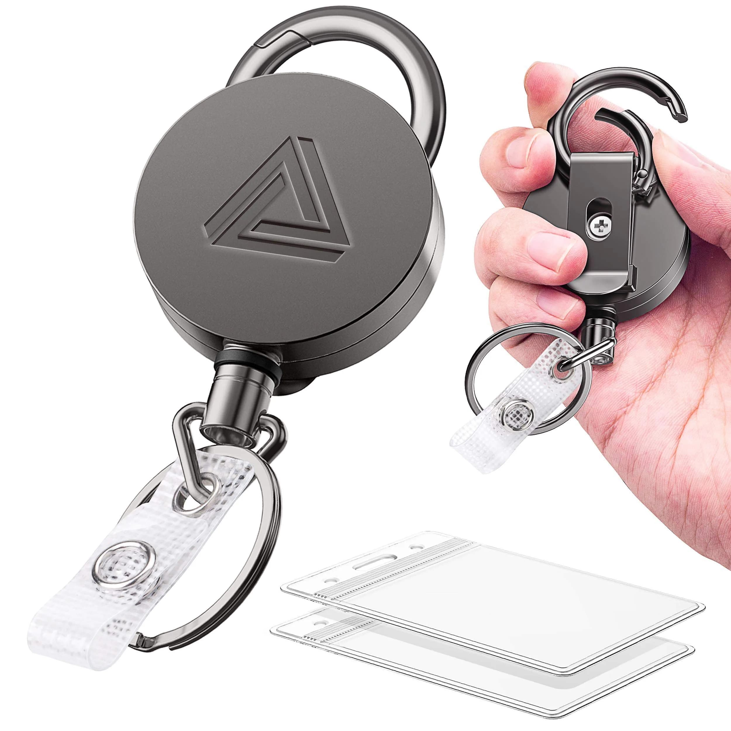 Azrra Heavy Duty Badge Holder Reel with Carabiner & Card Holder, 2 Pack, 30" Retractable Keychain — Matt Black