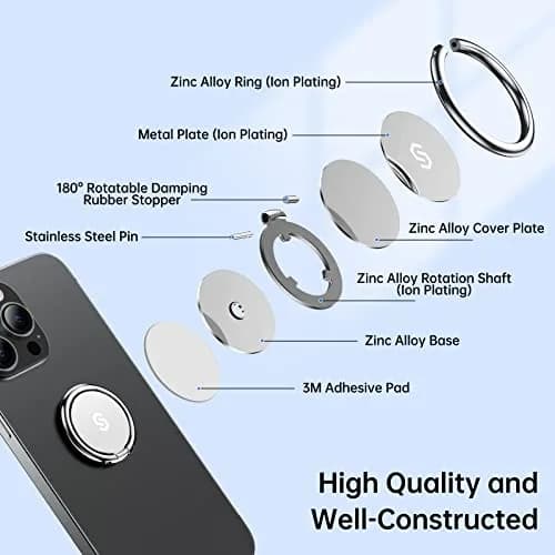 Syncwire Cell Phone Ring Holder Stand, 360° Rotation, Metal Grip, Magnetic Car Mount, Compatible with iPhone, Samsung, LG, Sony - Silver thumbnail 2