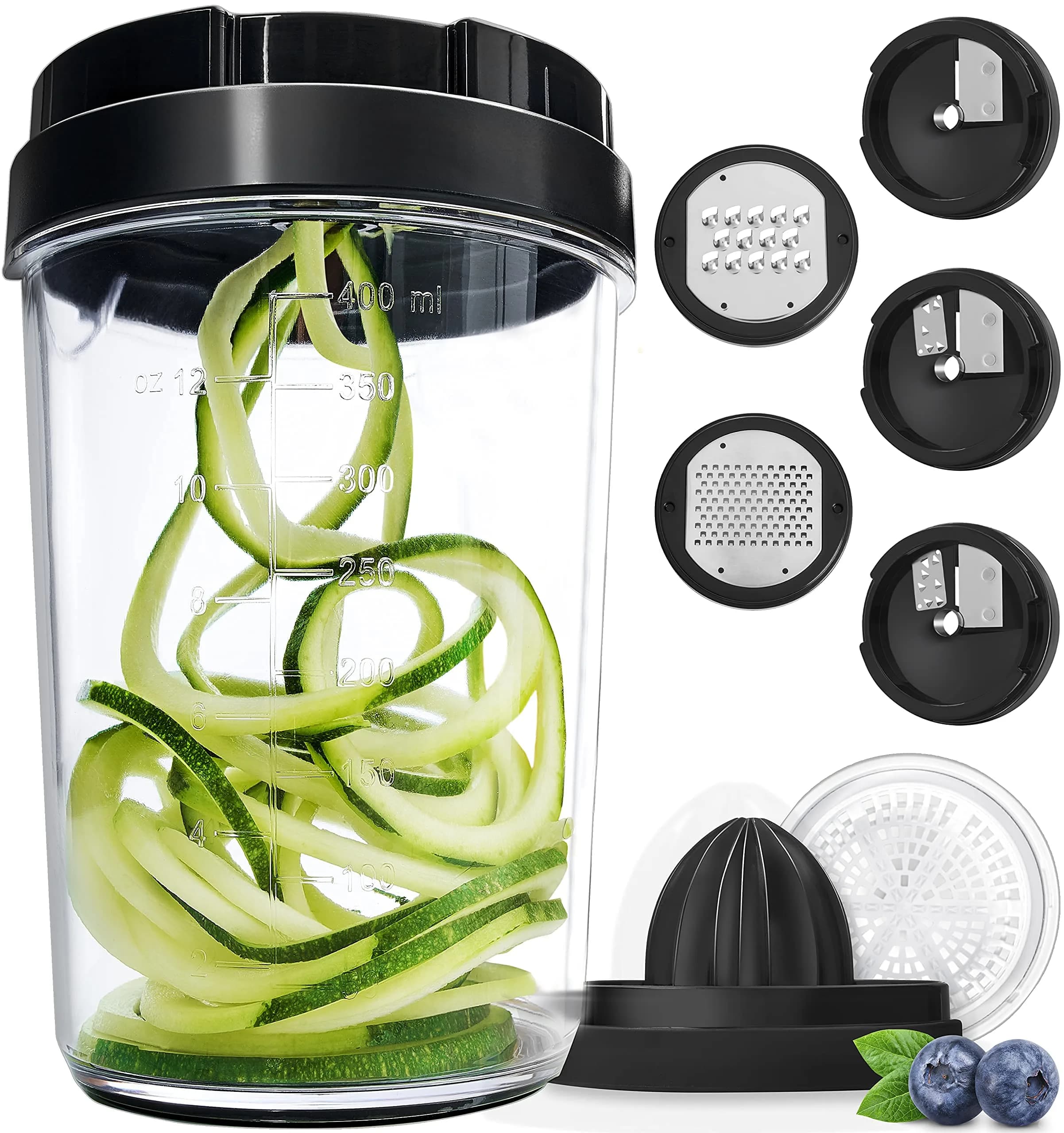 Fullstar 4-in-1 Vegetable Spiralizer & Slicer, Veggie Noodle Maker with Built-in Container & Safety Guard | 10.16 cm (4 in) Height — 8 in 1