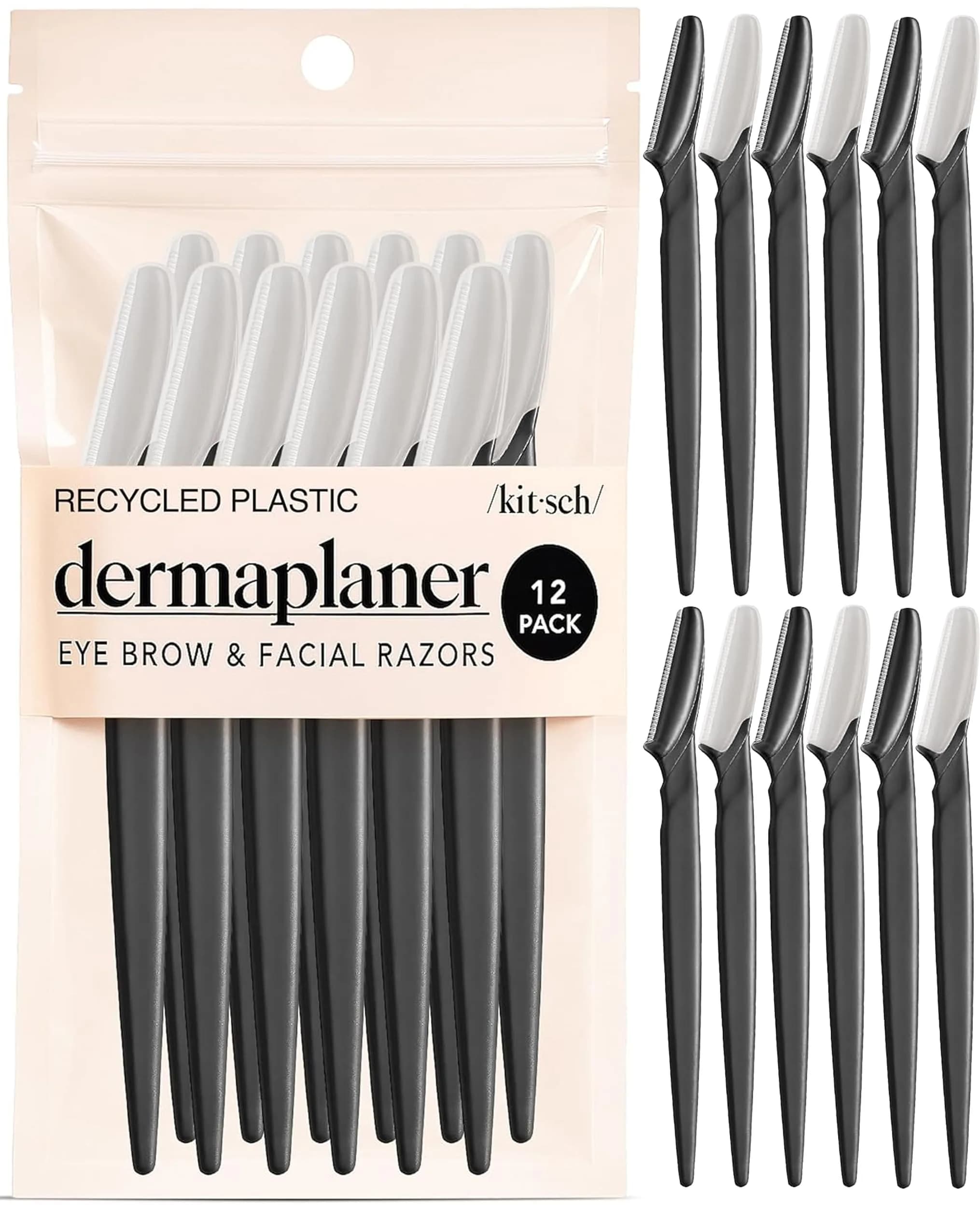 Kitsch Dermaplane Razor for Women Face – Black, 12 Count | Gentle Exfoliation & Peach Fuzz Removal