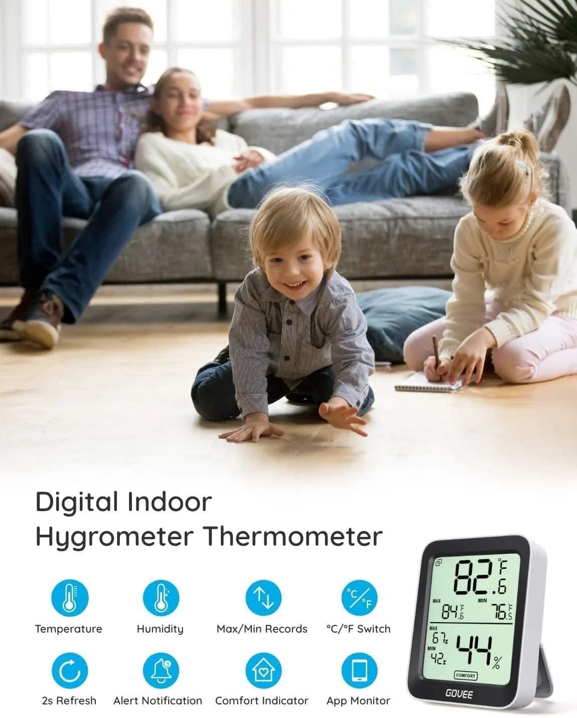 Govee Indoor Hygrometer Thermometer H5075 with Bluetooth App Control | Accurate Temp Humidity Sensor with Notification Alert - view 3