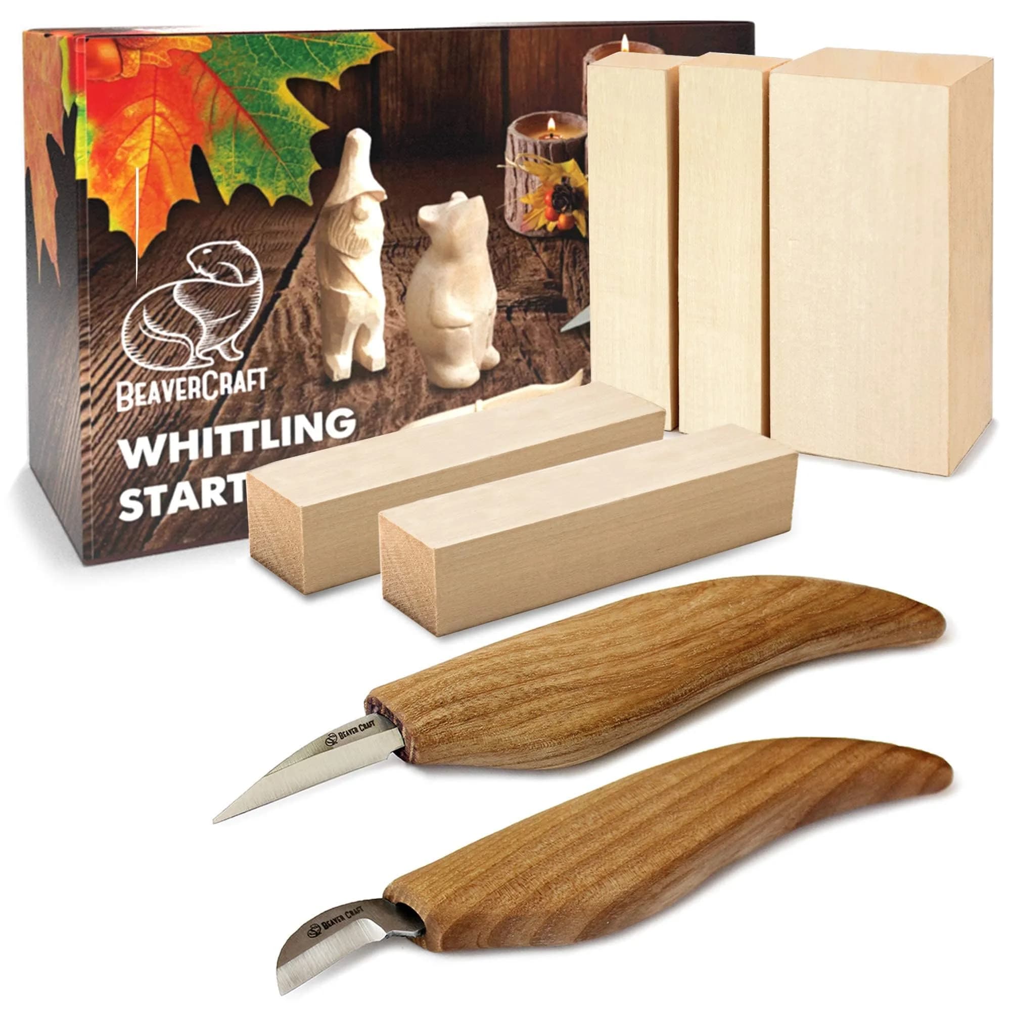 BeaverCraft Wood Carving Kit for Beginners S16 – Whittling Knives & Basswood Blocks | 2 Knives, 5 Blocks, Starter Guide - main product image