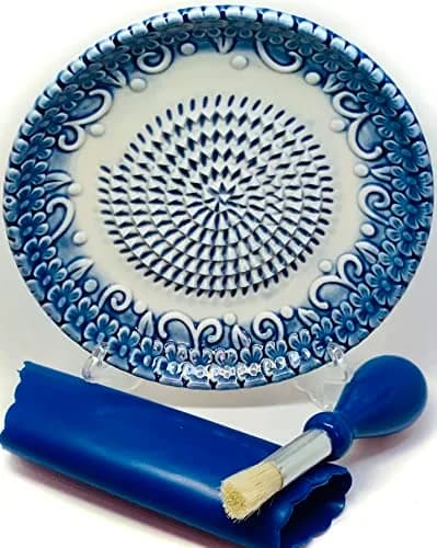 BonCera Ceramic Garlic Grater Plate 4-Piece Set - Blue Embossed | Versatile Kitchen Tool for Garlic, Ginger & Fruits thumbnail 5
