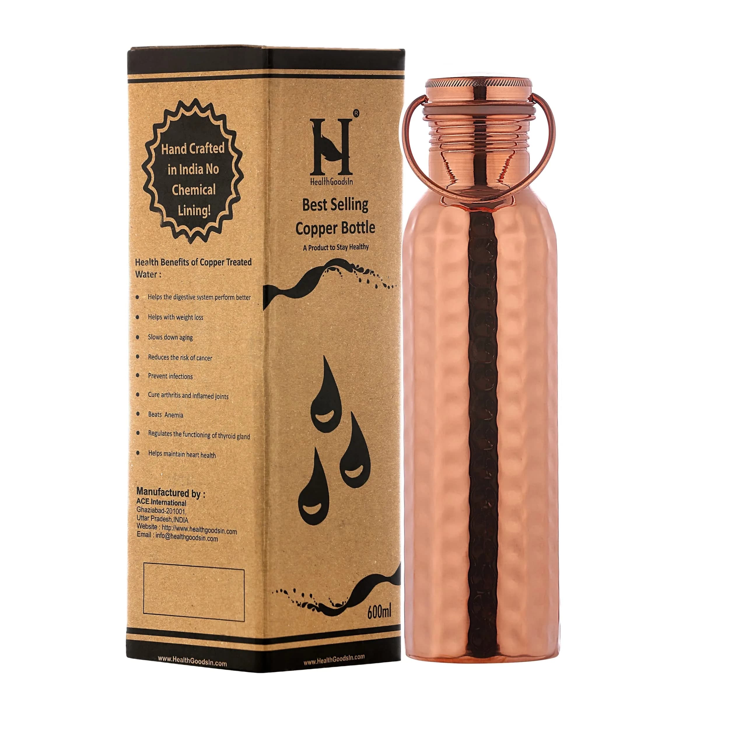 HealthGoodsIn Copper Water Bottle 600ml | Seamless Leakproof Copper Vessel for Ayurvedic Benefits — 600ml