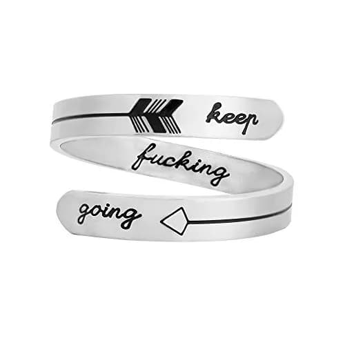 Vrycot Silver Keep Going Ring Stainless Steel Adjustable Inspirational Band 1.8 cm (0.73 in) | Motivational Jewelry thumbnail 1