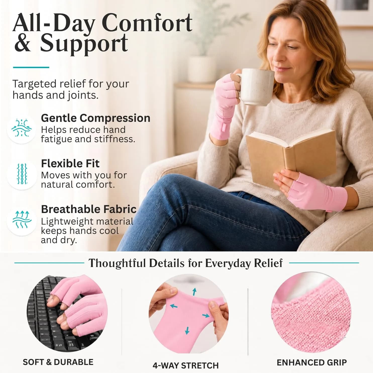 Vive Arthritis Gloves for Men & Women - Rheumatoid Compression Hand Glove - Small, Pink | Soothing Pain Relief for Osteoarthritis & Carpal Tunnel - view 7