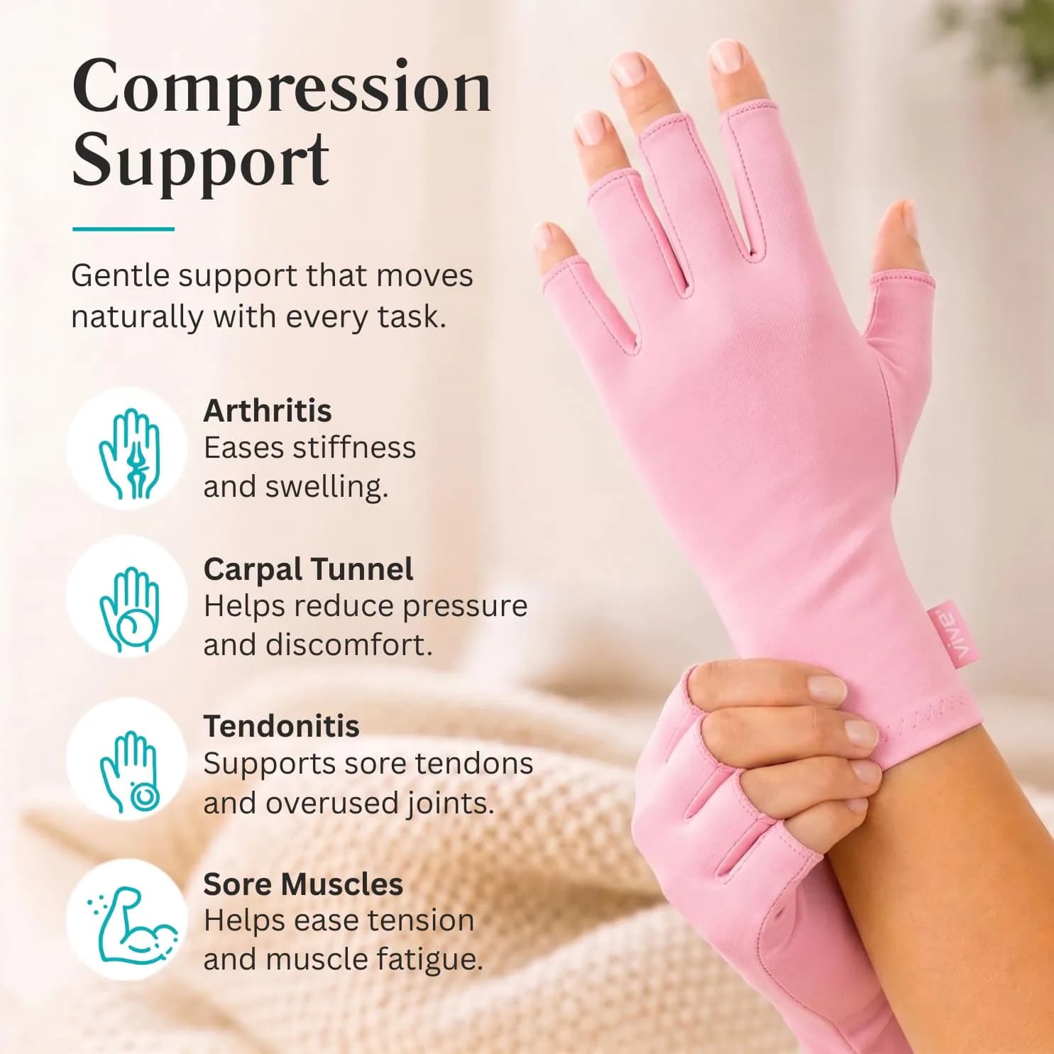 Vive Arthritis Gloves for Men & Women - Rheumatoid Compression Hand Glove - Small, Pink | Soothing Pain Relief for Osteoarthritis & Carpal Tunnel - view 4