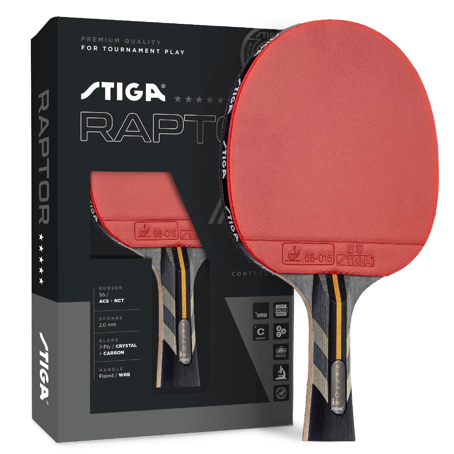STIGA Raptor Table Tennis Racket, Black/Red, 27.94cm (11 inches) x 16.51cm (6.5 inches) | ITTF Approved Competition Paddle — Black/Red