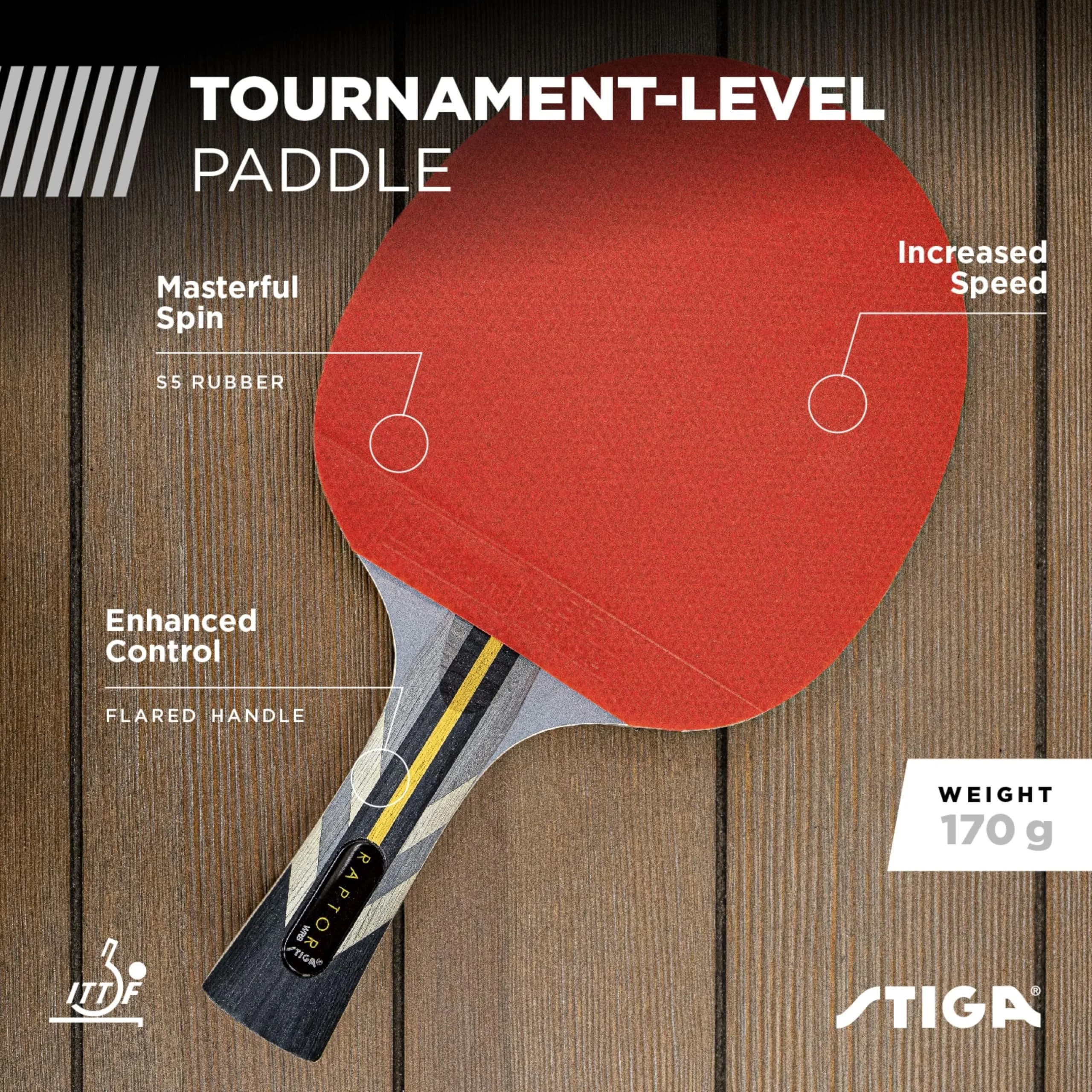STIGA Raptor Table Tennis Racket, Black/Red, 27.94cm (11 inches) x 16.51cm (6.5 inches) | ITTF Approved Competition Paddle - view 2