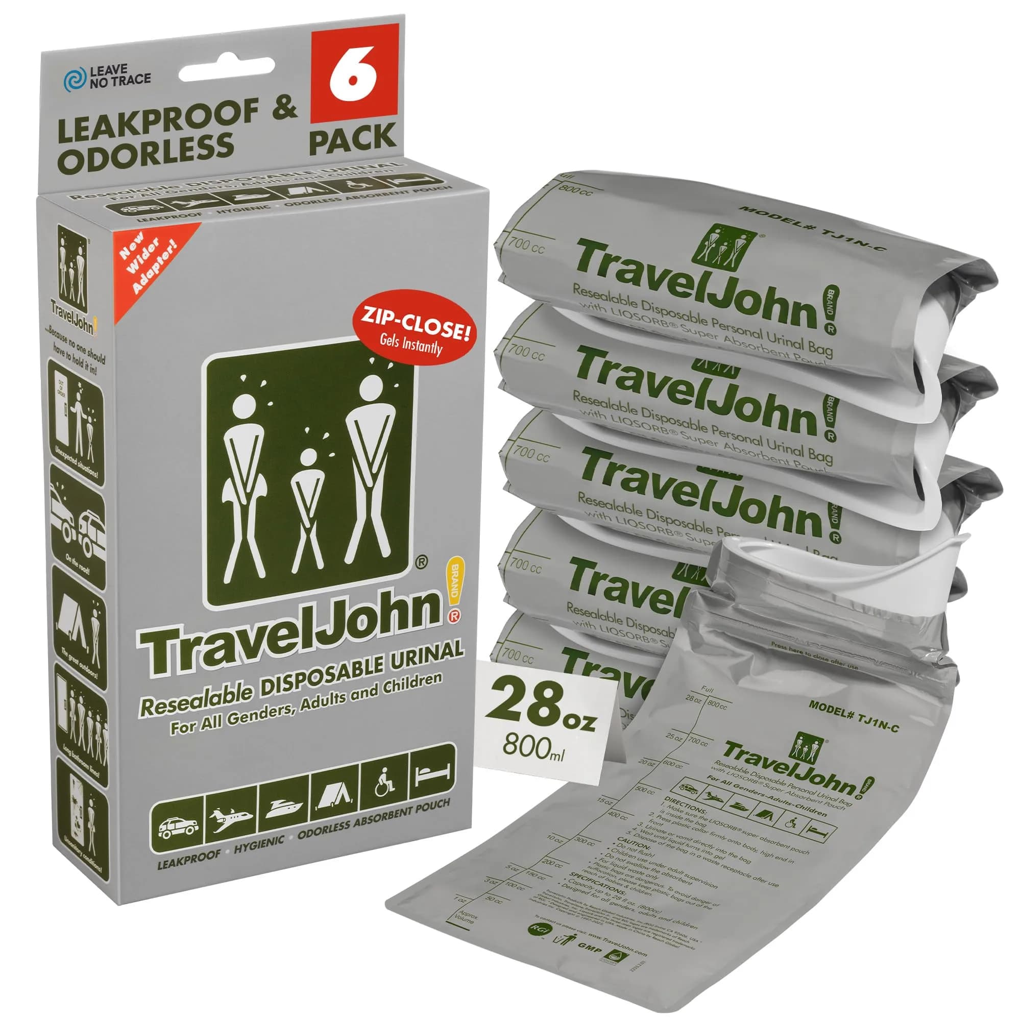 TravelJohn Resealable Disposable Urinal Bags 28oz | Leakproof & Odorless for Travel & Camping — White
