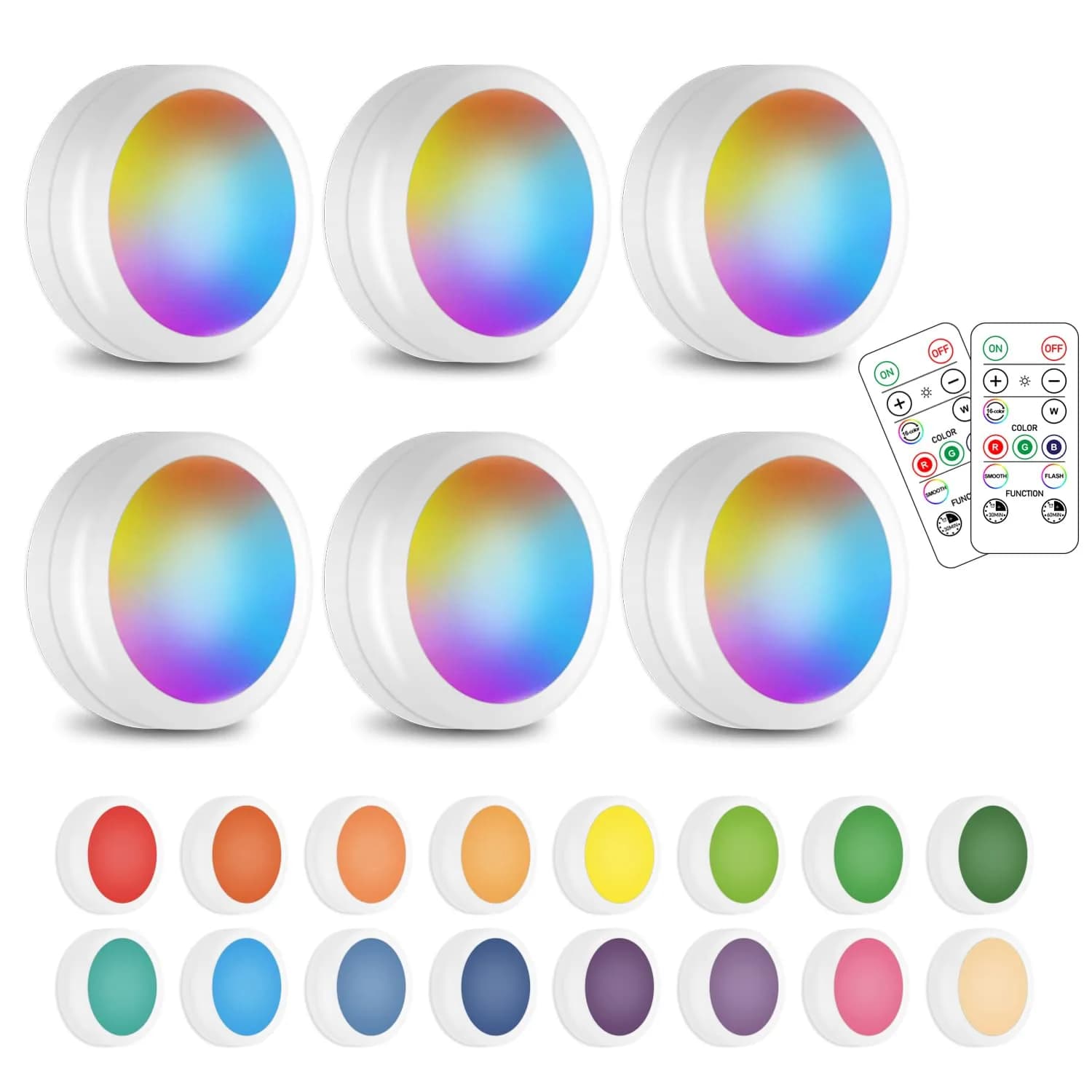 SIXDEFLY Wireless LED Puck Lights 6 Pack, Color Changing & Dimmable, 4.5V | Modern Night Lights for Cabinets & Closets