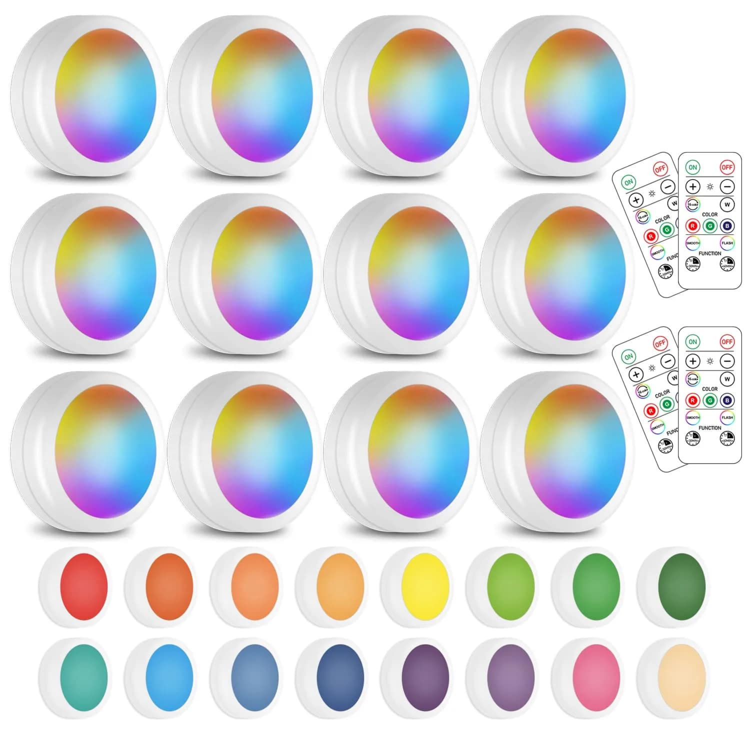 SIXDEFLY Wireless LED Puck Lights 12 Pack with 4 Remotes | Color Changing, Dimmable, Battery Powered Under Cabinet Lights - main product image