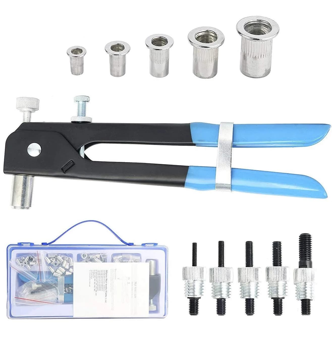YaeKoo 191pcs Heavy Duty Blind Rivet Nut Kit Set with Riveter Tool, M3-M8 Metric Rivet Nuts Assortment | Steel Construction — Blue