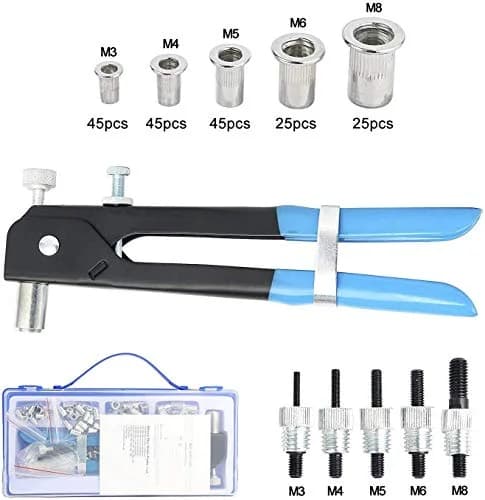 YaeKoo 191pcs Heavy Duty Blind Rivet Nut Kit Set with Riveter Tool, M3-M8 Metric Rivet Nuts Assortment | Steel Construction thumbnail 9