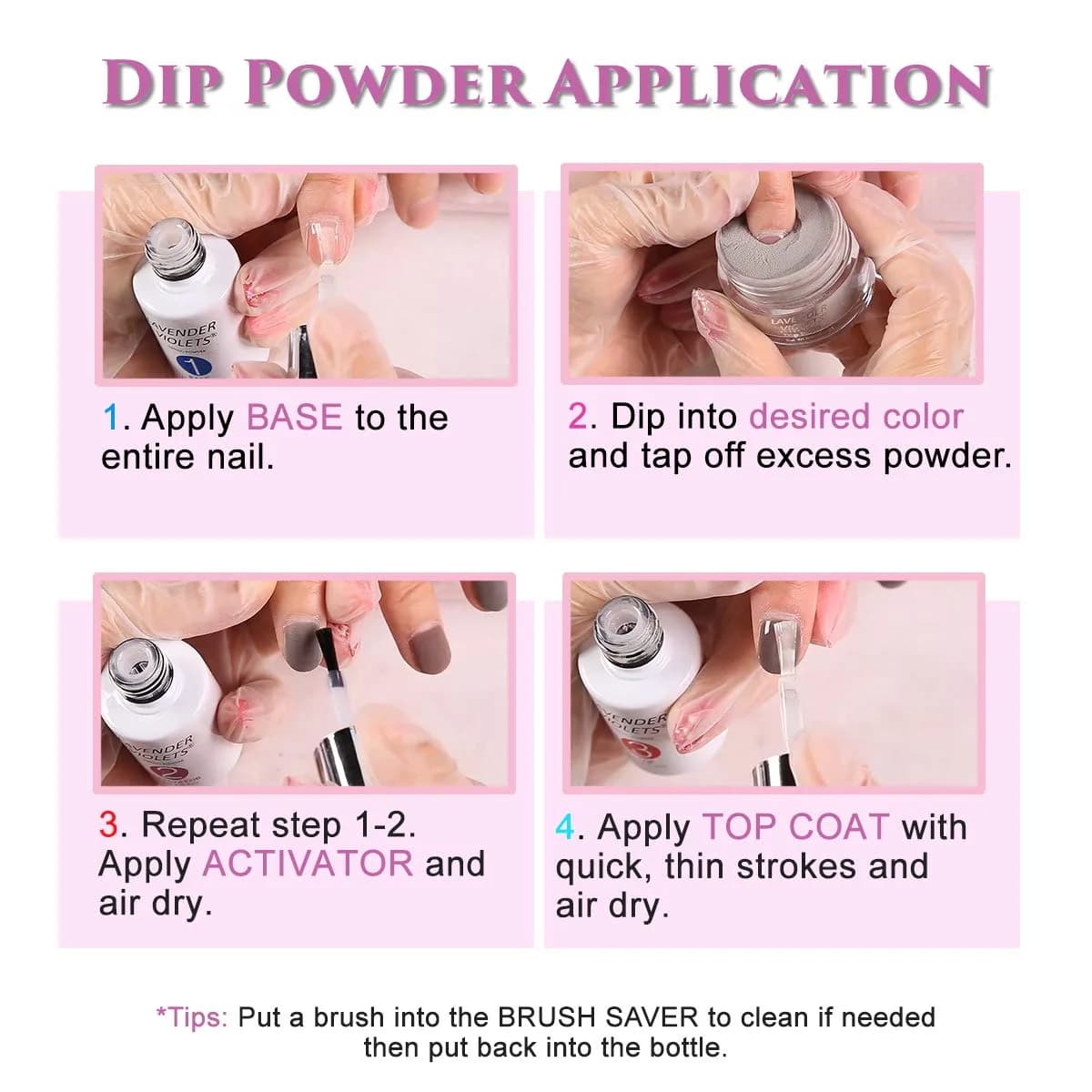 Lavender Violets Dip Powder Liquid Set with Activator, Base Top Coat & Brush Saver 15ml (0.5 Fl Oz) | Complete Home Manicure Kit - view 8