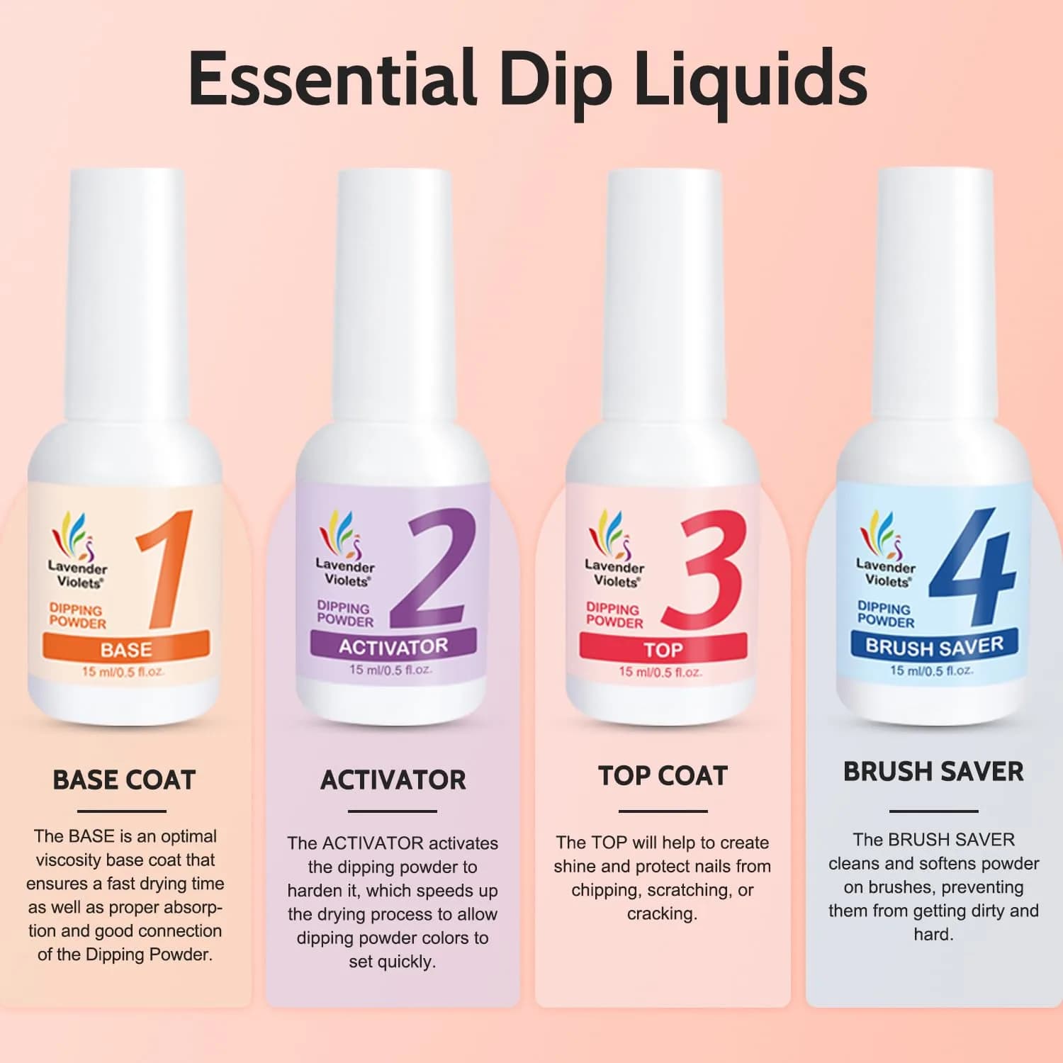 Lavender Violets Dip Powder Liquid Set with Activator, Base Top Coat & Brush Saver 15ml (0.5 Fl Oz) | Complete Home Manicure Kit - view 2