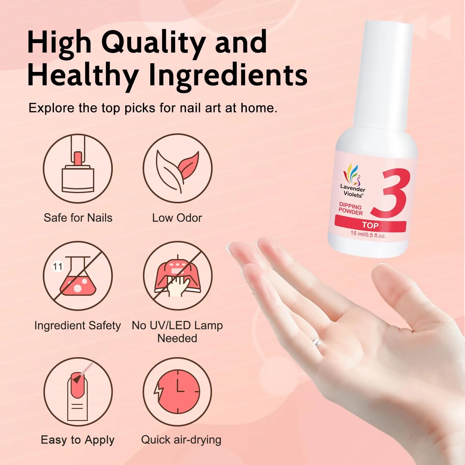 Lavender Violets Dip Powder Liquid Set with Activator, Base Top Coat & Brush Saver 15ml (0.5 Fl Oz) | Complete Home Manicure Kit - view 3