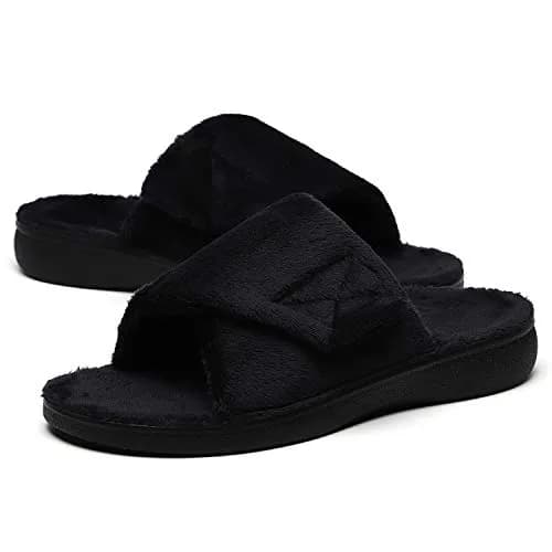 SOLLBEAM Women's Plantar Fasciitis Fuzzy House Orthopedic Slippers with Arch Support, Adjustable, Black, Size 6 | Supportive & Cozy for Indian Summers thumbnail 1