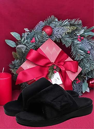 SOLLBEAM Women's Plantar Fasciitis Fuzzy House Orthopedic Slippers with Arch Support, Adjustable, Black, Size 6 | Supportive & Cozy for Indian Summers thumbnail 2