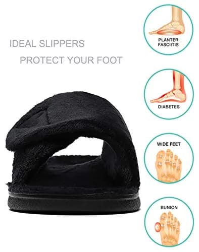 SOLLBEAM Women's Plantar Fasciitis Fuzzy House Orthopedic Slippers with Arch Support, Adjustable, Black, Size 6 | Supportive & Cozy for Indian Summers thumbnail 3
