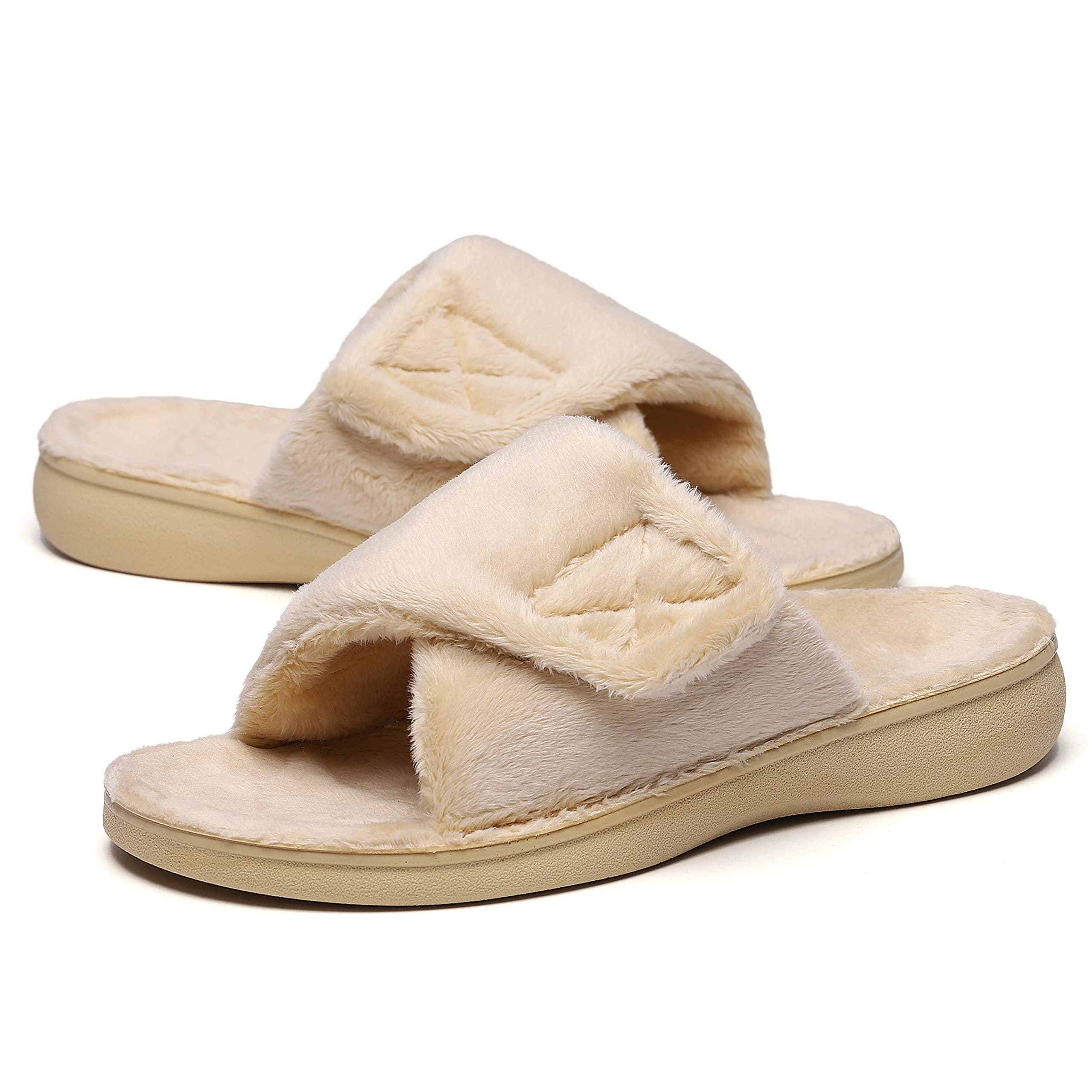 SOLLBEAM Women's Plantar Fasciitis Fuzzy House Orthopedic Slippers with Arch Support (Size 8) | Adjustable Micro-Terry Fuzzy Comfort — Apricot01