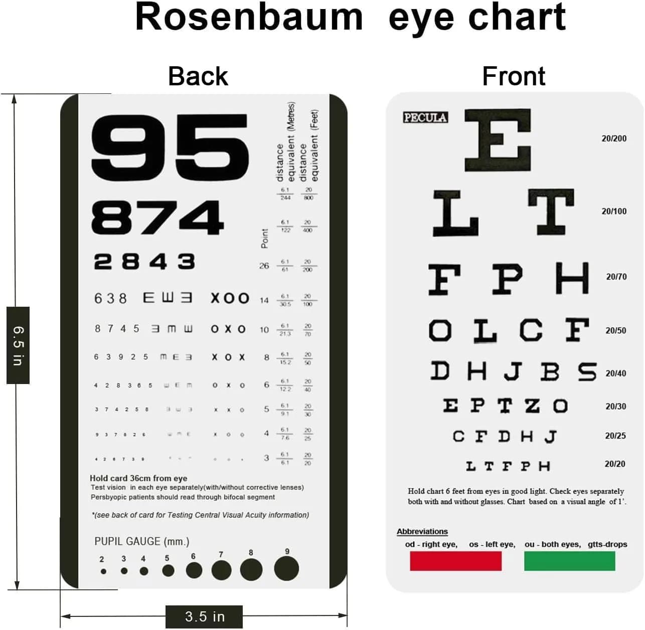 PECULA Pocket Eye Chart 2-in-1 Snellen & Rosenbaum 16.5cm (6.5in) | Vision Testing Tool for Small Spaces - view 2