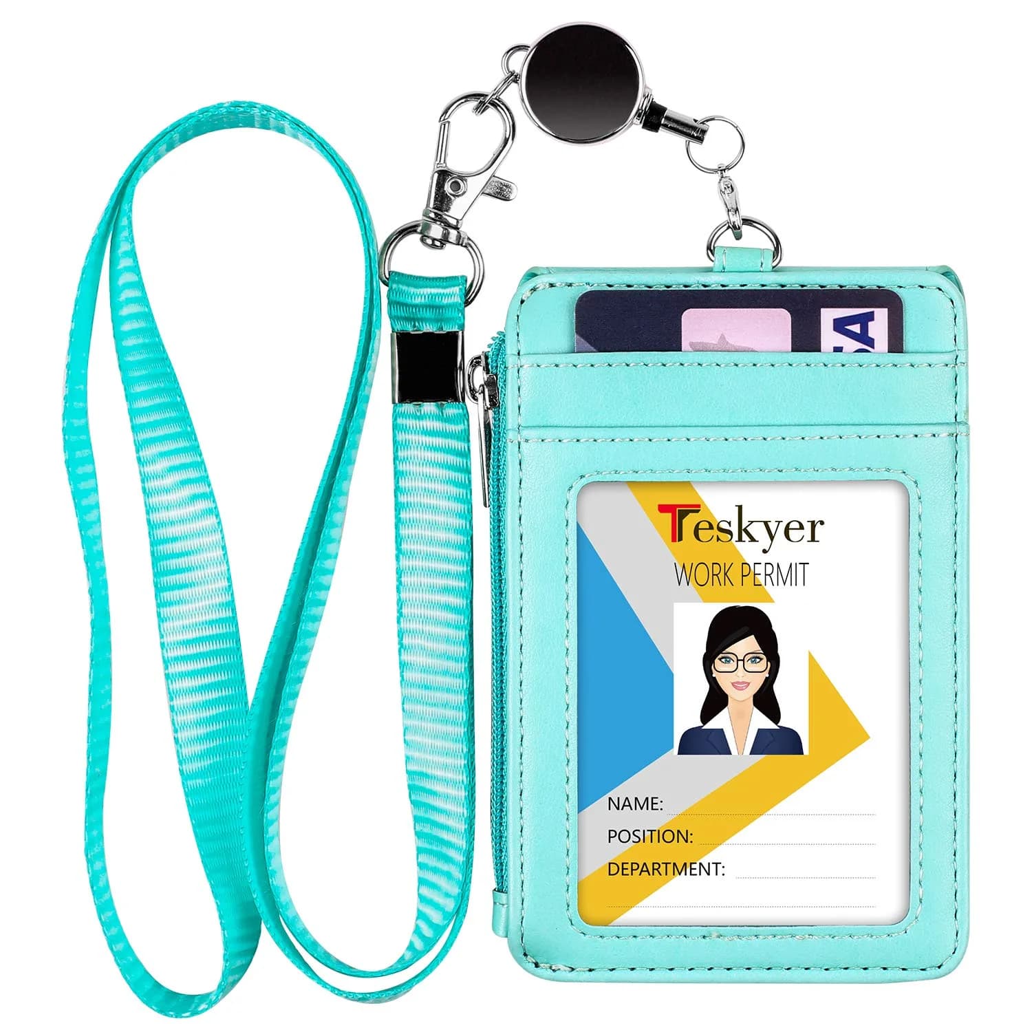 Teskyer Green #02 PU Leather ID Badge Holder with Zipper Pocket & Lanyard - 3.1" x 4.7" - main product image