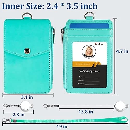 Teskyer ID Badge Holder with Retractable Lanyard, Cyan | 4 Card Slots, Zipper Pocket, Premium PU Leather thumbnail 5
