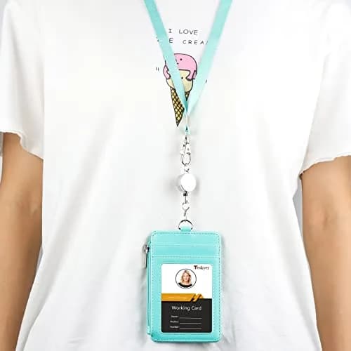 Teskyer ID Badge Holder with Retractable Lanyard, Cyan | 4 Card Slots, Zipper Pocket, Premium PU Leather thumbnail 7