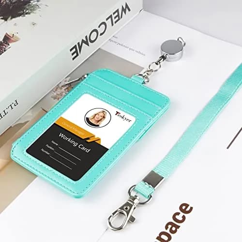 Teskyer ID Badge Holder with Retractable Lanyard, Cyan | 4 Card Slots, Zipper Pocket, Premium PU Leather thumbnail 9
