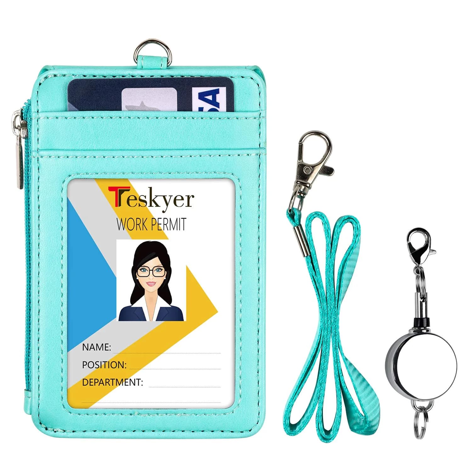 Teskyer Green #02 PU Leather ID Badge Holder with Zipper Pocket & Lanyard - 3.1" x 4.7" - view 2