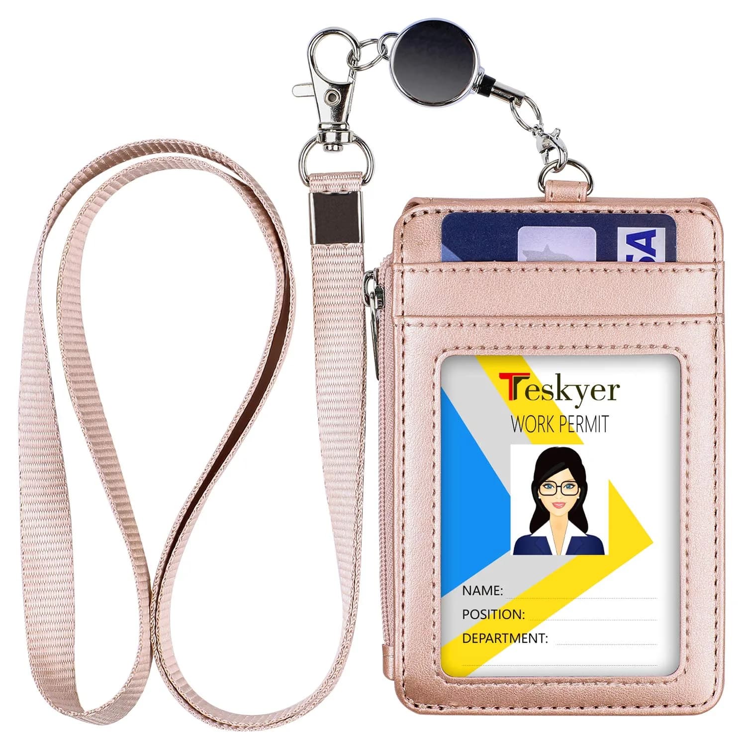 Teskyer Rose Gold #02 PU Leather ID Badge Holder with Zipper Pocket & Lanyard | 3.1" x 4.7" - main product image