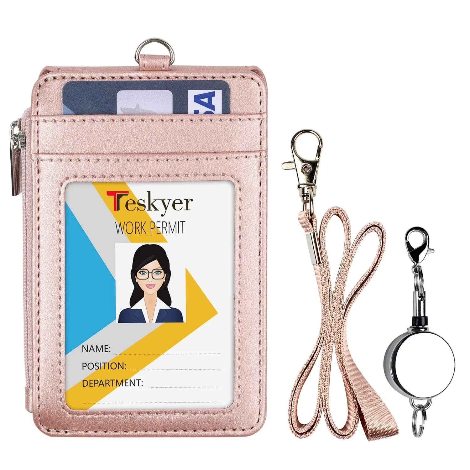 Teskyer Rose Gold #02 PU Leather ID Badge Holder with Zipper Pocket & Lanyard | 3.1" x 4.7" - view 2