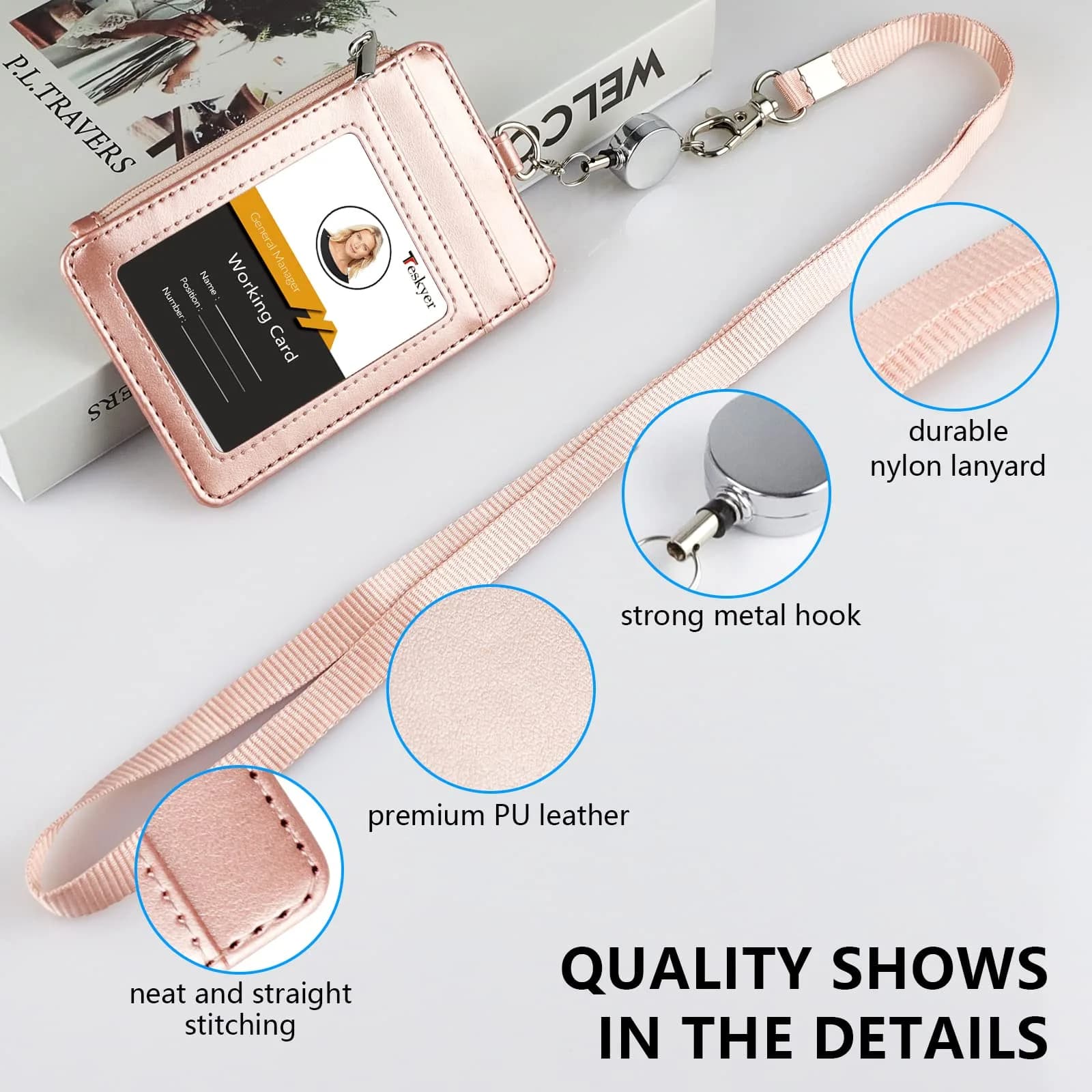 Teskyer Rose Gold #02 PU Leather ID Badge Holder with Zipper Pocket & Lanyard | 3.1" x 4.7" - view 3
