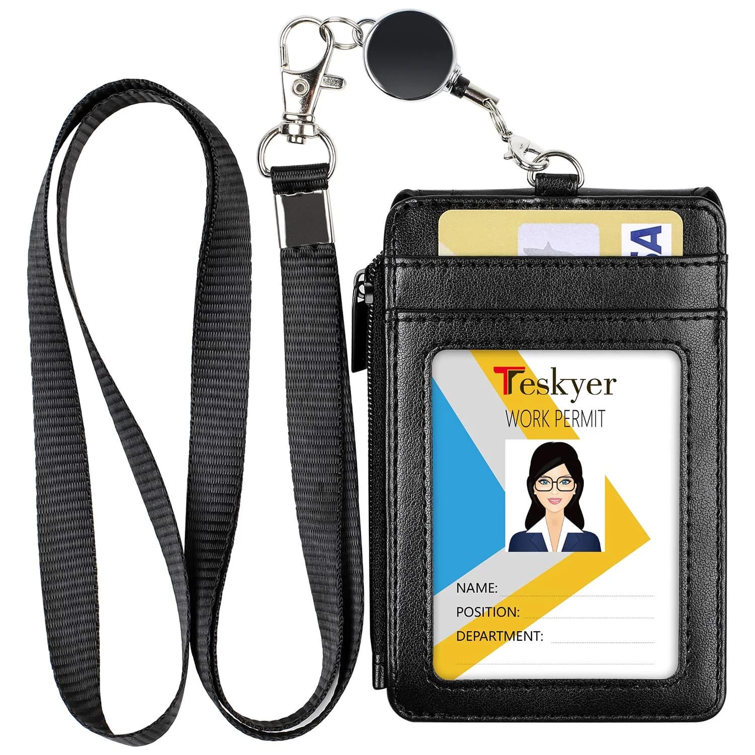Teskyer Black #02 PU Leather ID Badge Holder with Zipper Pocket & Lanyard, 3.1" x 4.7" - main product image