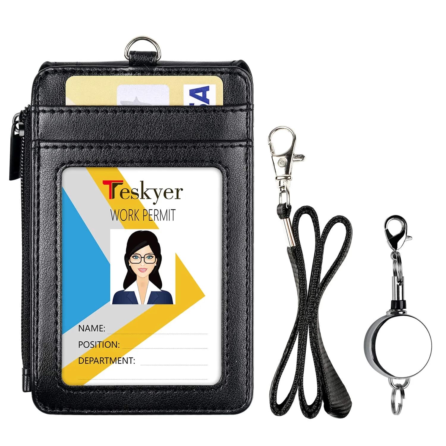 Teskyer Black #02 PU Leather ID Badge Holder with Zipper Pocket & Lanyard, 3.1" x 4.7" - view 2