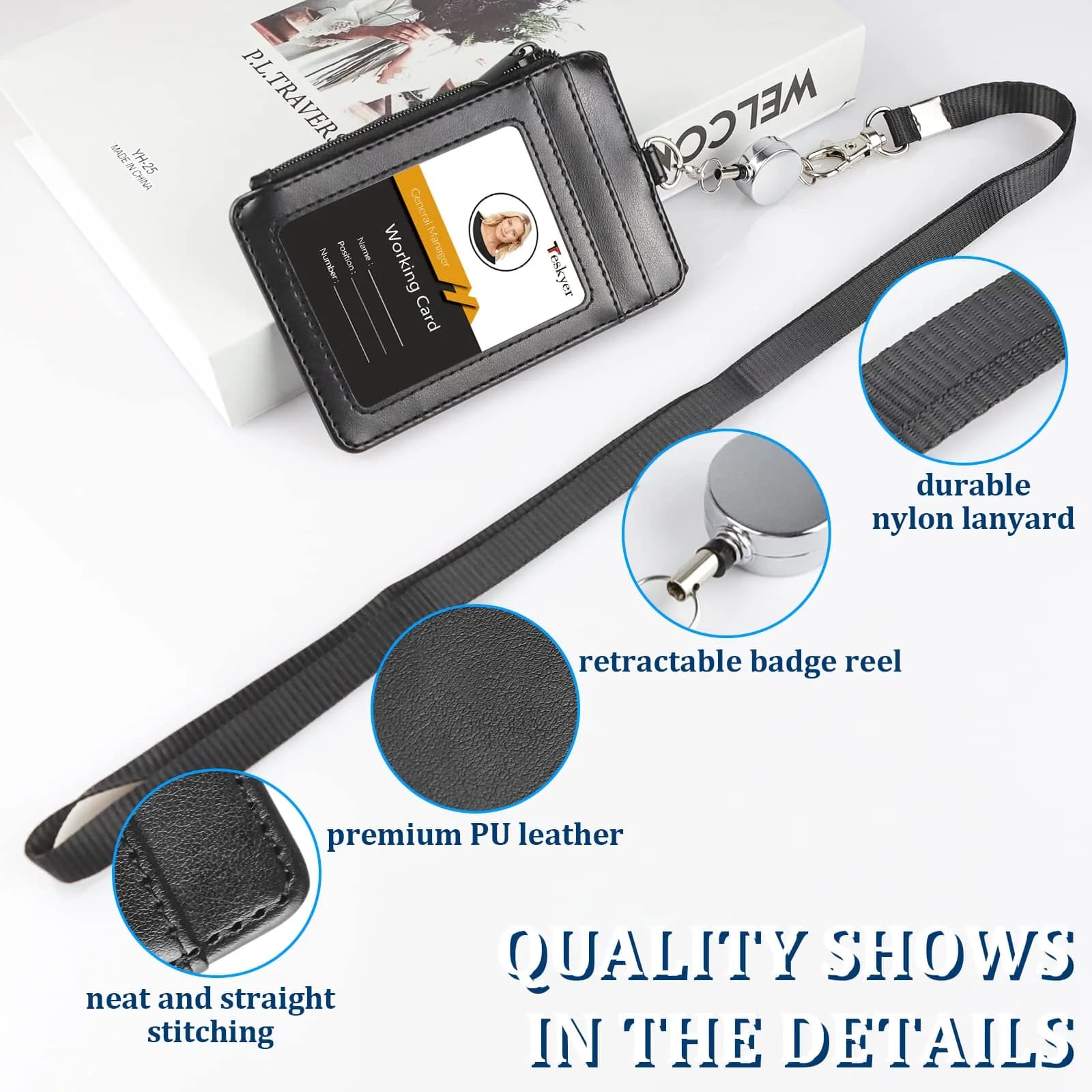 Teskyer Black #02 PU Leather ID Badge Holder with Zipper Pocket & Lanyard, 3.1" x 4.7" - view 3