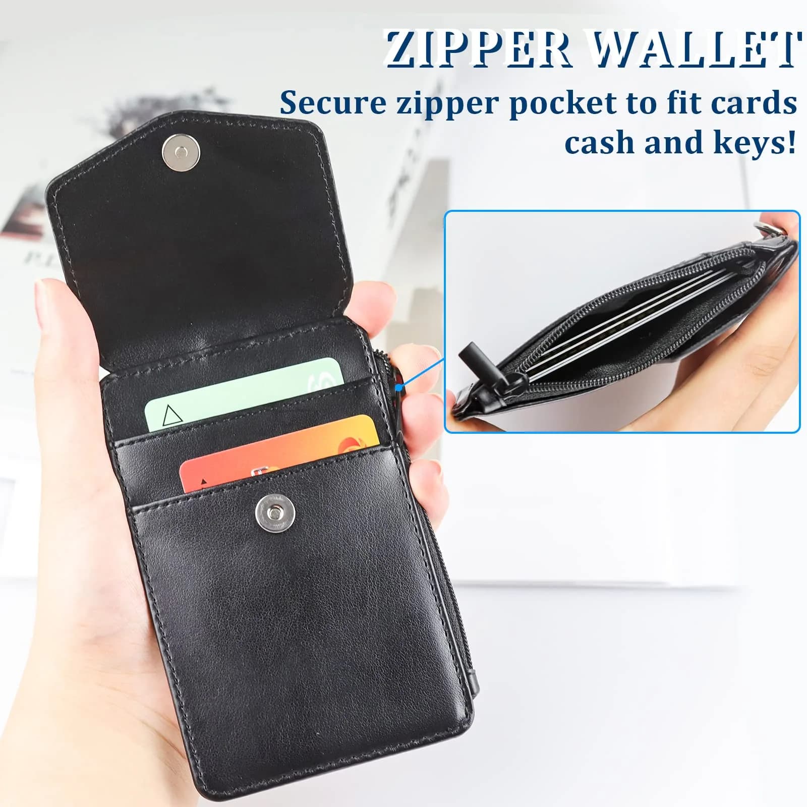 Teskyer Black #02 PU Leather ID Badge Holder with Zipper Pocket & Lanyard, 3.1" x 4.7" - view 4