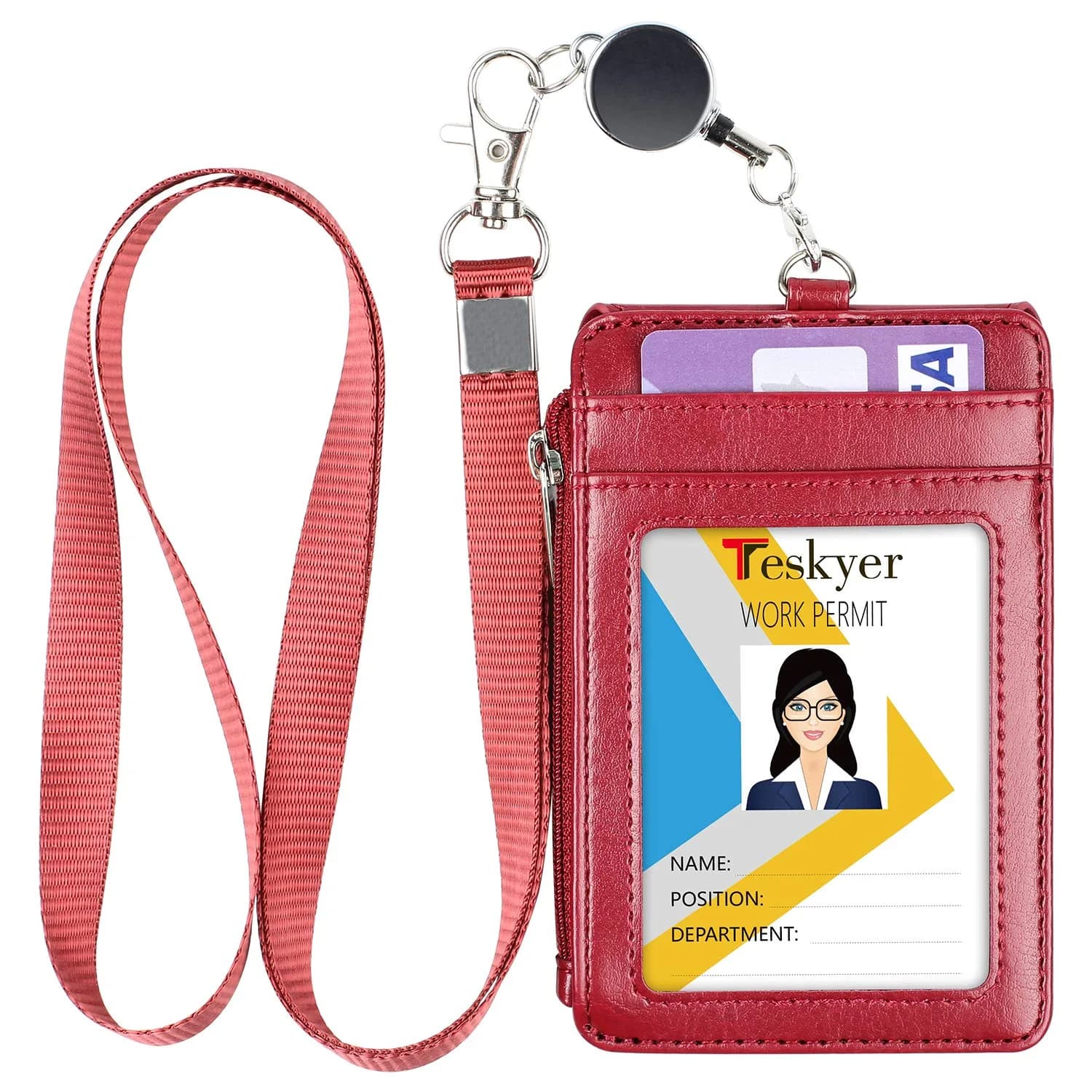 Teskyer Wine Red #02 PU Leather ID Badge Holder with Zipper Pocket & Lanyard | 3.1" x 4.7" - main product image