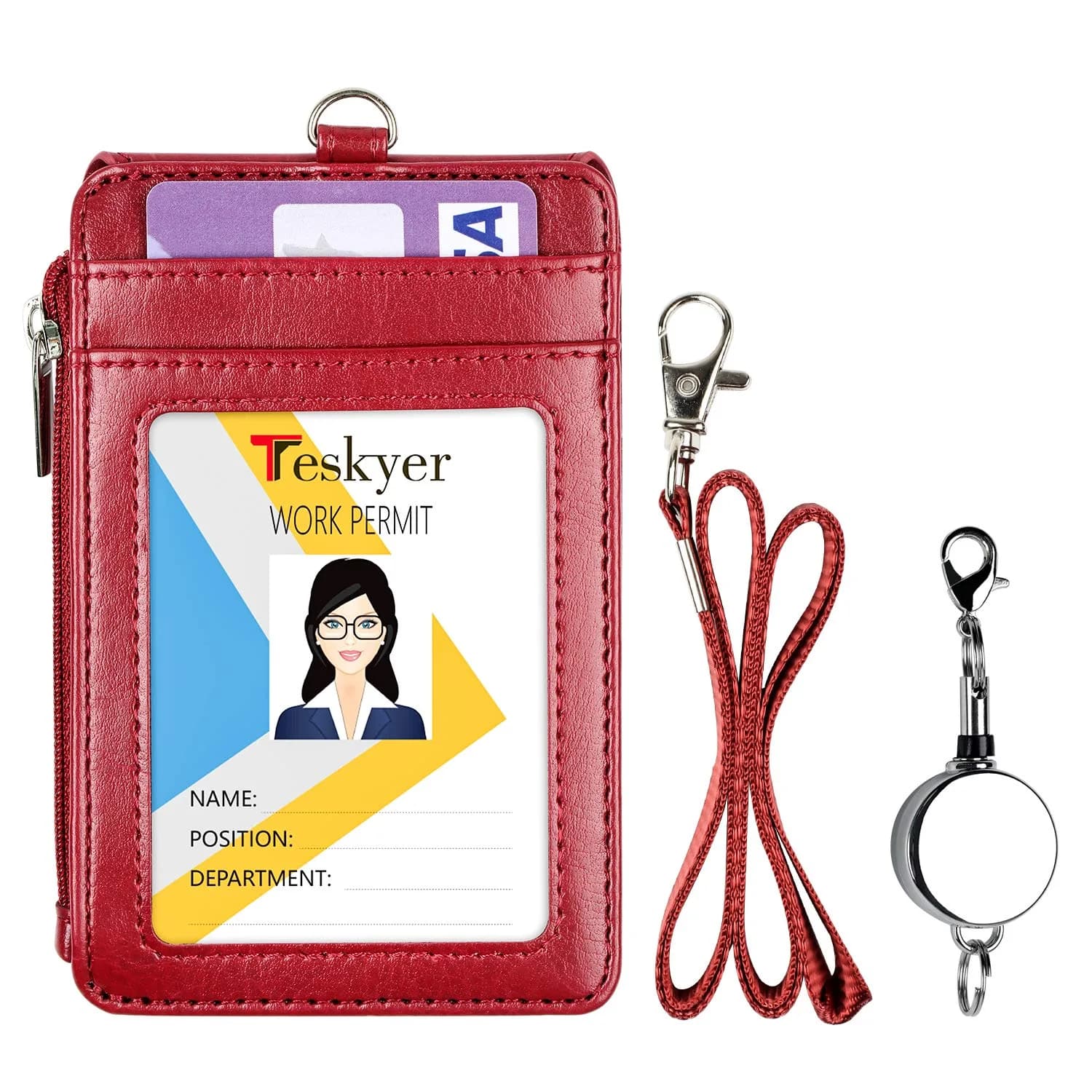 Teskyer Wine Red #02 PU Leather ID Badge Holder with Zipper Pocket & Lanyard | 3.1" x 4.7" - view 2