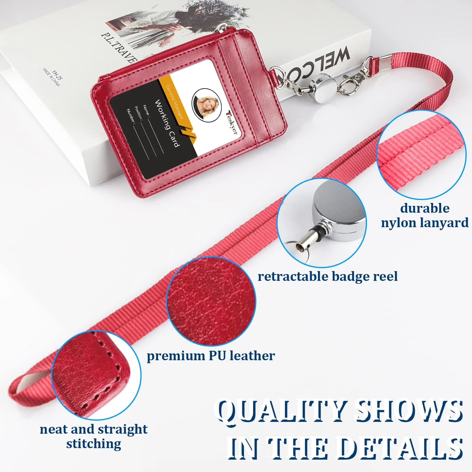 Teskyer Wine Red #02 PU Leather ID Badge Holder with Zipper Pocket & Lanyard | 3.1" x 4.7" - view 3
